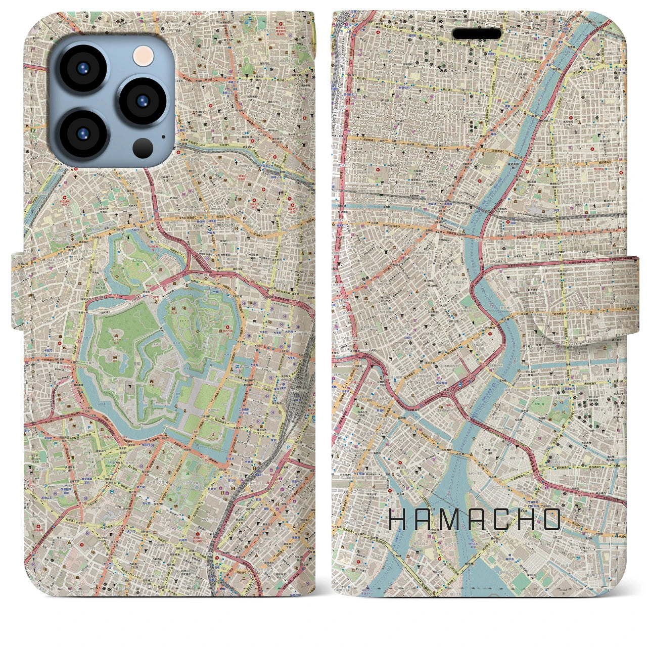 【浜町】地図柄iPhoneケース（手帳両面タイプ・ナチュラル）iPhone 13 Pro Max 用