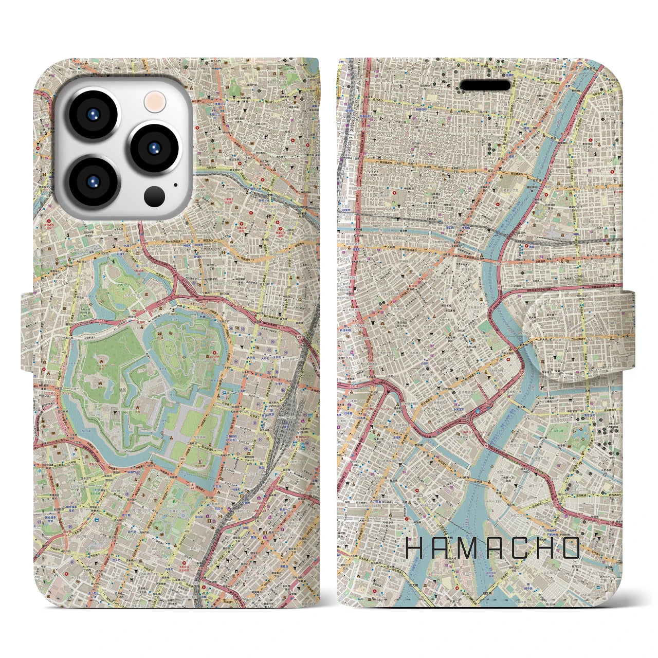 【浜町】地図柄iPhoneケース（手帳両面タイプ・ナチュラル）iPhone 13 Pro 用