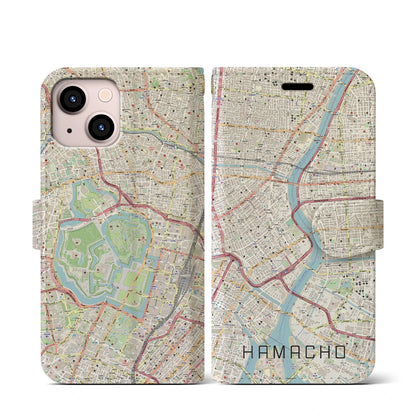 【浜町（東京都）】地図柄iPhoneケース（手帳タイプ）ナチュラル・iPhone 13 mini 用