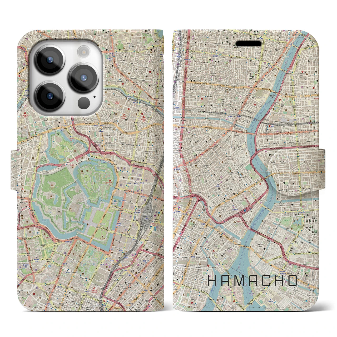 【浜町】地図柄iPhoneケース（手帳両面タイプ・ナチュラル）iPhone 14 Pro 用