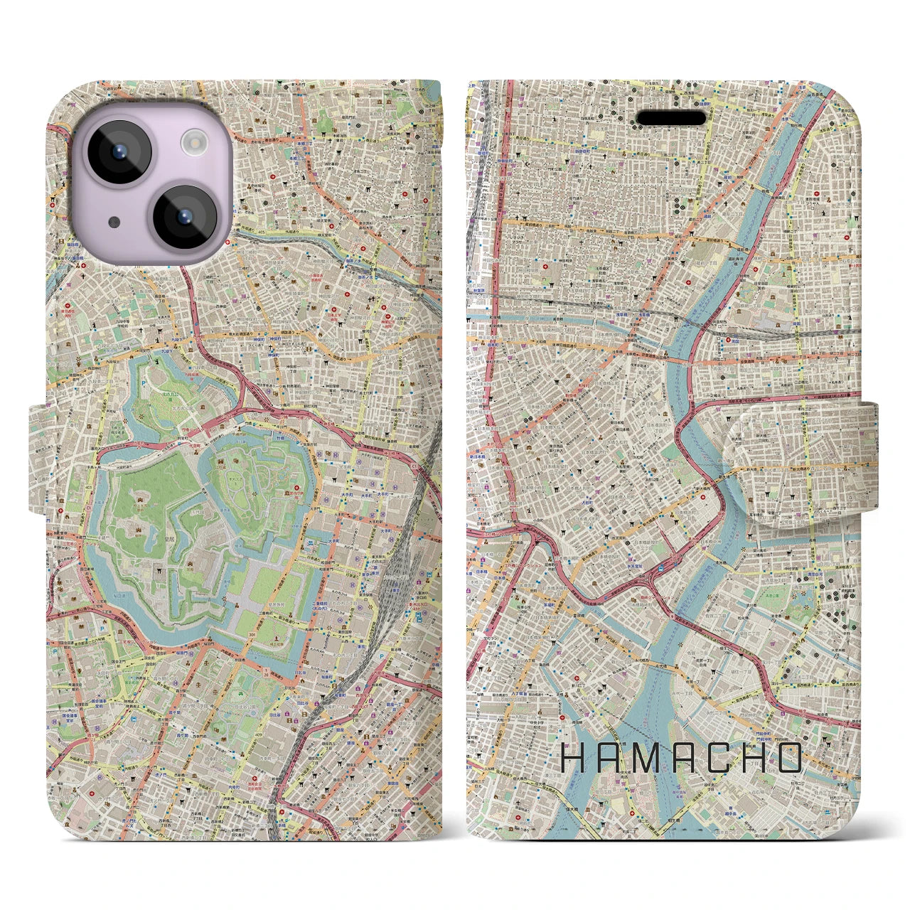 【浜町】地図柄iPhoneケース（手帳両面タイプ・ナチュラル）iPhone 14 用