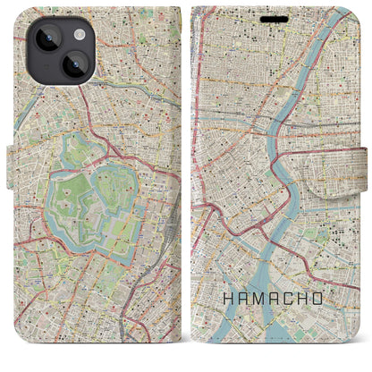 【浜町（東京都）】地図柄iPhoneケース（手帳タイプ）ナチュラル・iPhone 14 Plus 用