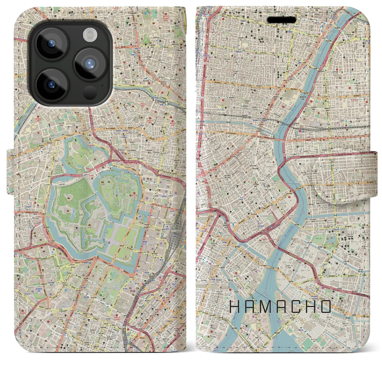 【浜町】地図柄iPhoneケース（手帳両面タイプ・ナチュラル）iPhone 15 Pro Max 用
