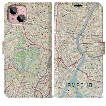 【浜町（東京都）】地図柄iPhoneケース（手帳タイプ）ナチュラル・iPhone 15 Plus 用