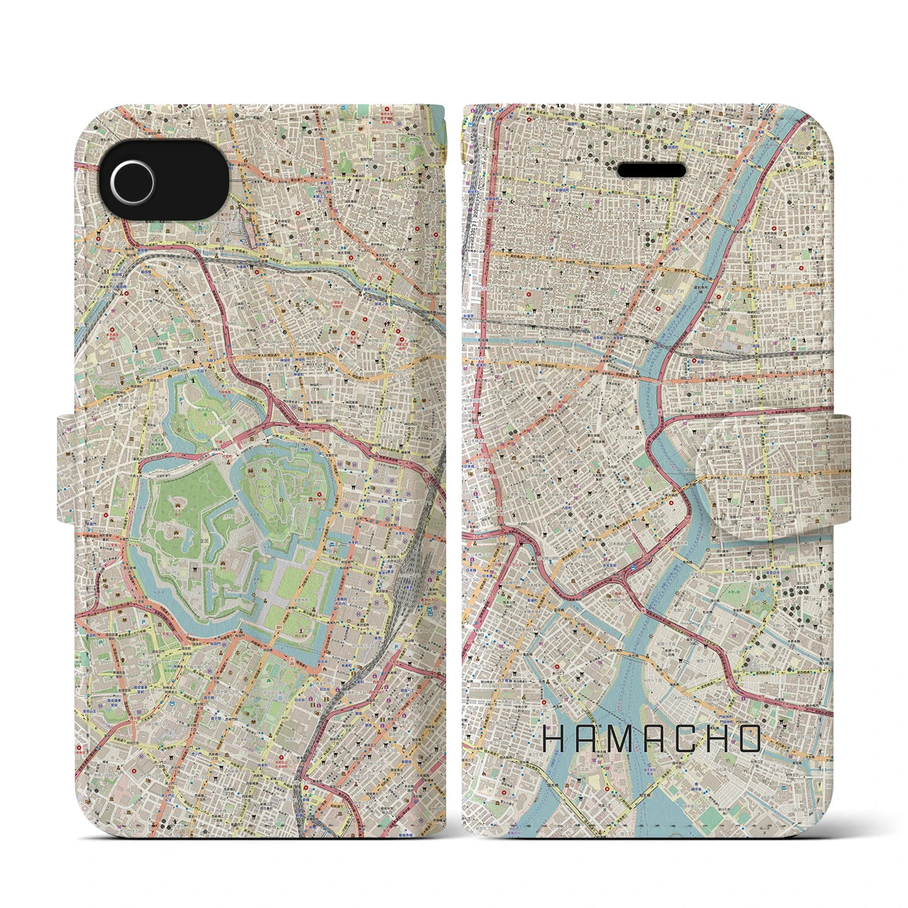 【浜町】地図柄iPhoneケース（手帳両面タイプ・ナチュラル）iPhone SE（第3 / 第2世代） / 8 / 7 / 6s / 6 用