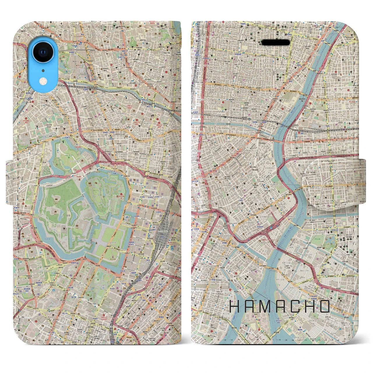 【浜町】地図柄iPhoneケース（手帳両面タイプ・ナチュラル）iPhone XR 用