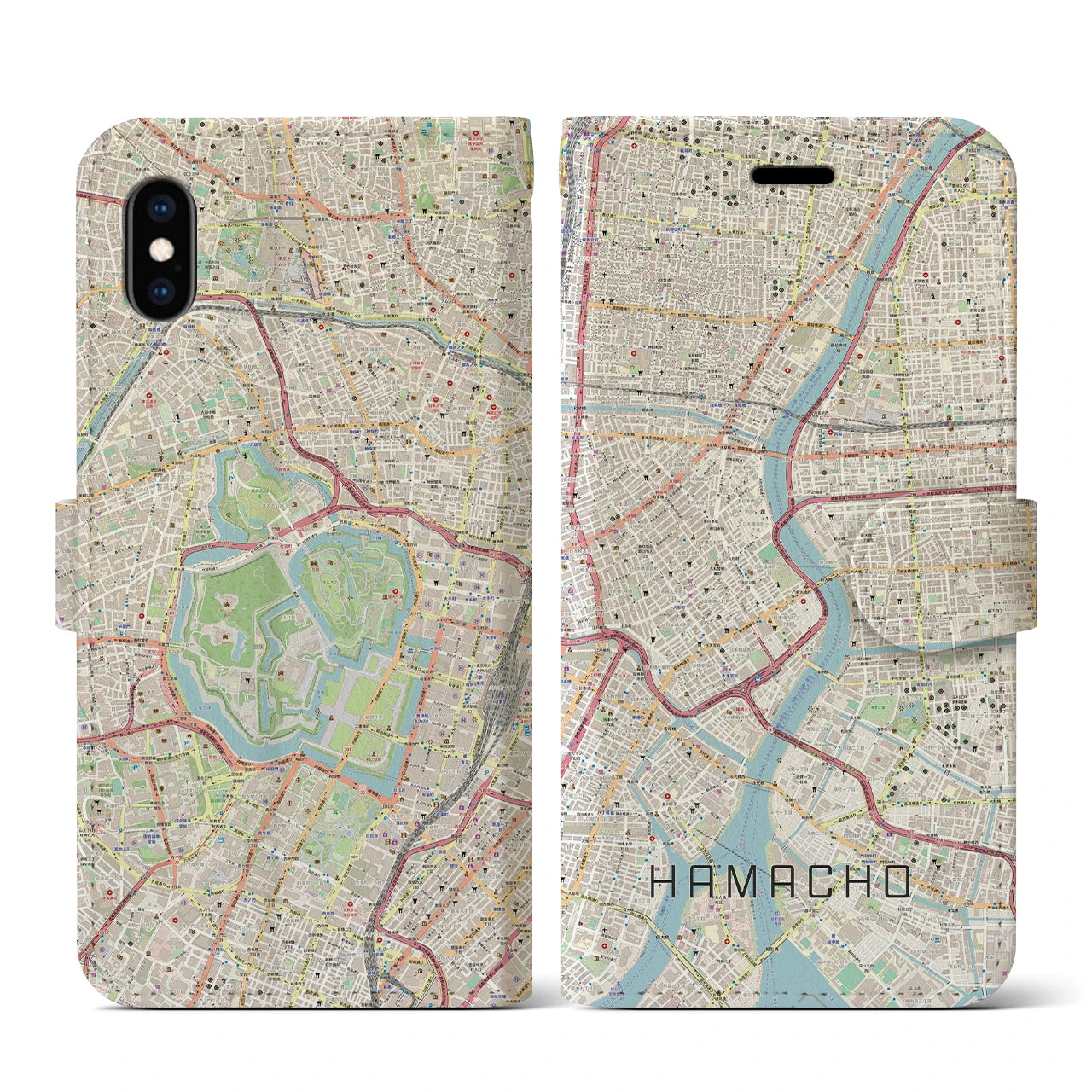 【浜町】地図柄iPhoneケース（手帳両面タイプ・ナチュラル）iPhone XS / X 用