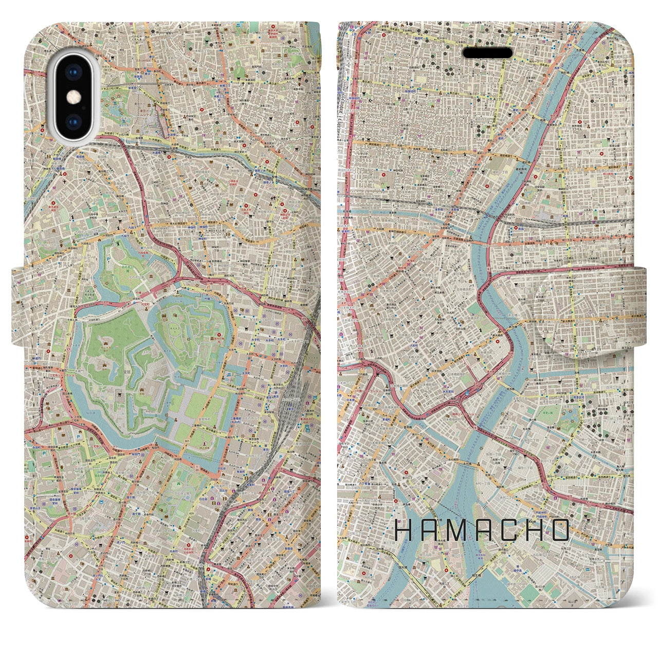 【浜町】地図柄iPhoneケース（手帳両面タイプ・ナチュラル）iPhone XS Max 用