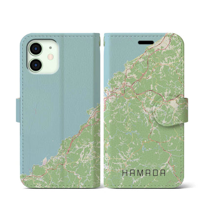 【浜田（島根県）】地図柄iPhoneケース（手帳タイプ）ナチュラル・iPhone 12 mini 用