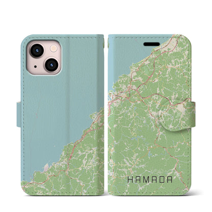 【浜田（島根県）】地図柄iPhoneケース（手帳タイプ）ナチュラル・iPhone 13 mini 用
