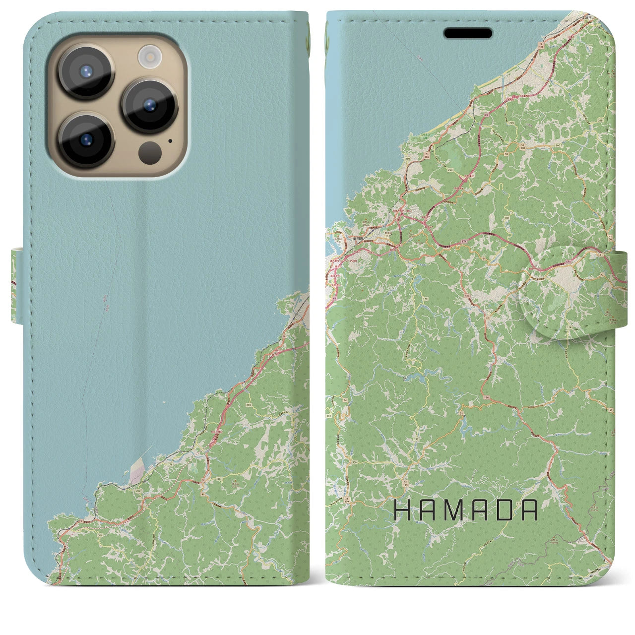 【浜田】地図柄iPhoneケース（手帳両面タイプ・ナチュラル）iPhone 14 Pro Max 用