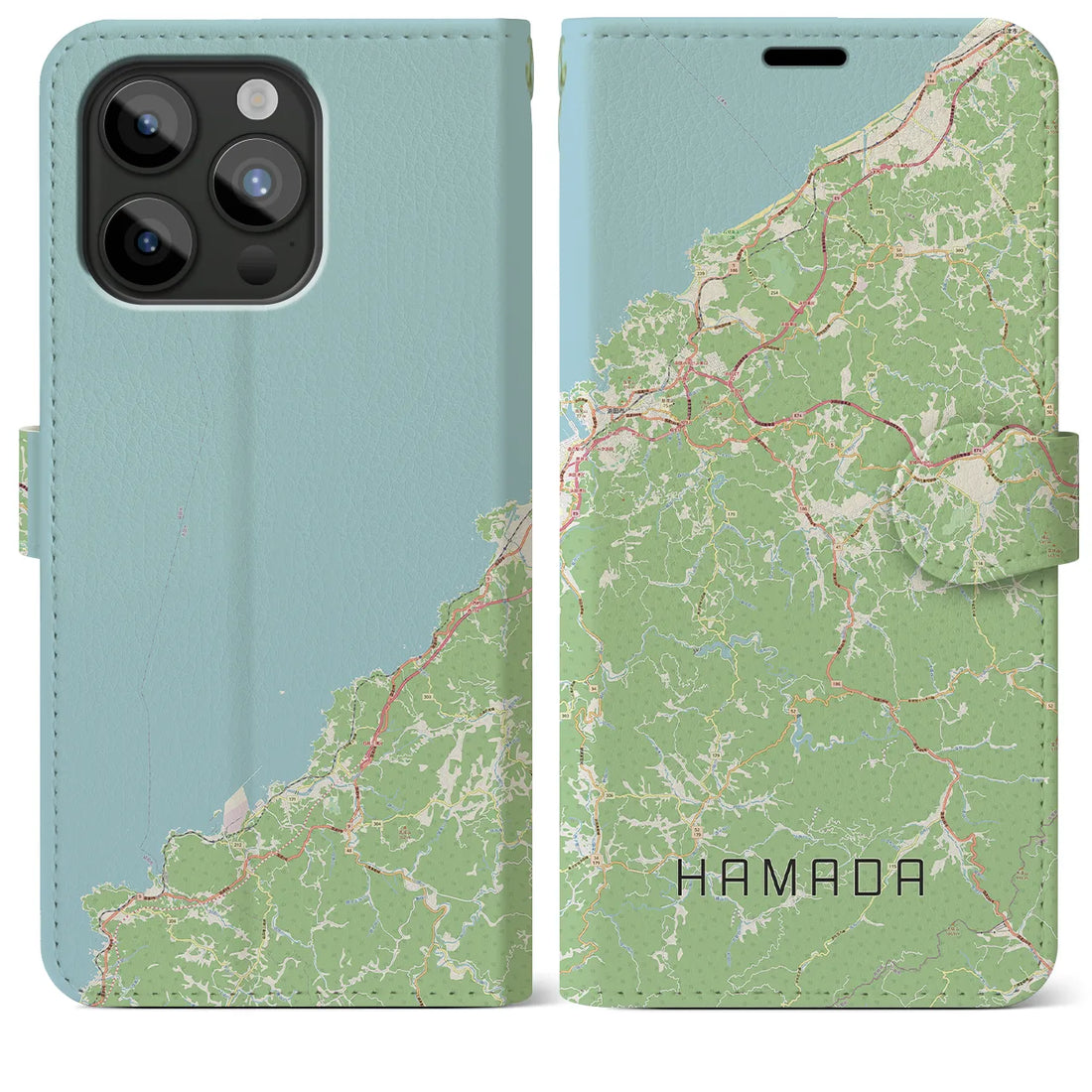 【浜田】地図柄iPhoneケース（手帳両面タイプ・ナチュラル）iPhone 15 Pro Max 用