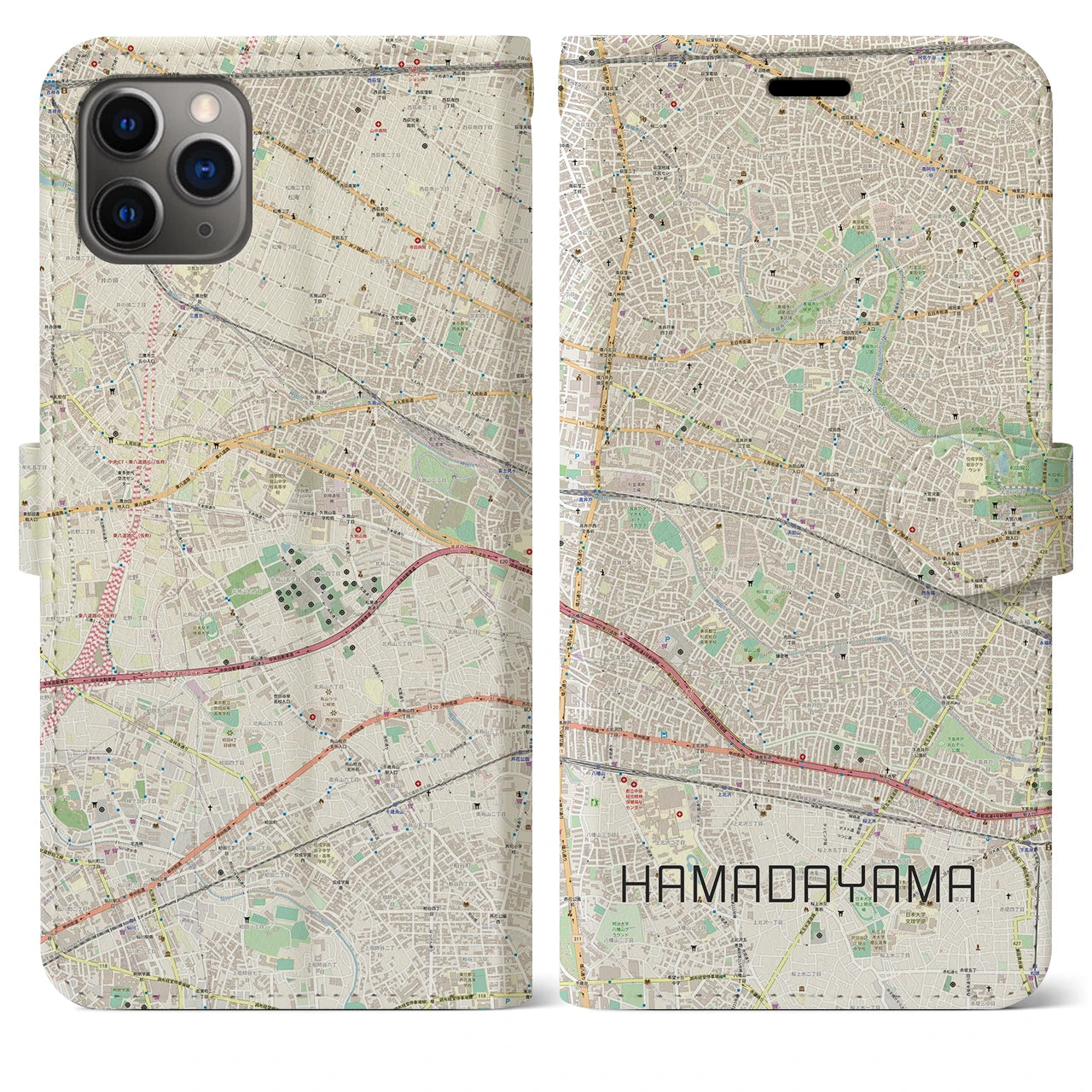 【浜田山】地図柄iPhoneケース（手帳両面タイプ・ナチュラル）iPhone 11 Pro Max 用