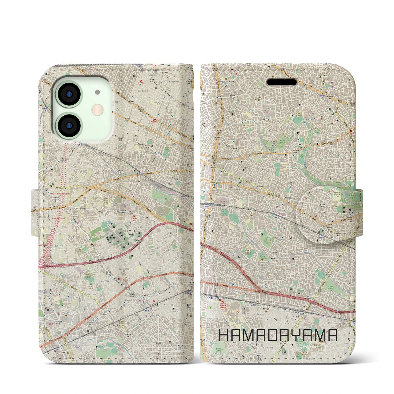 【浜田山】地図柄iPhoneケース（手帳両面タイプ・ナチュラル）iPhone 12 mini 用
