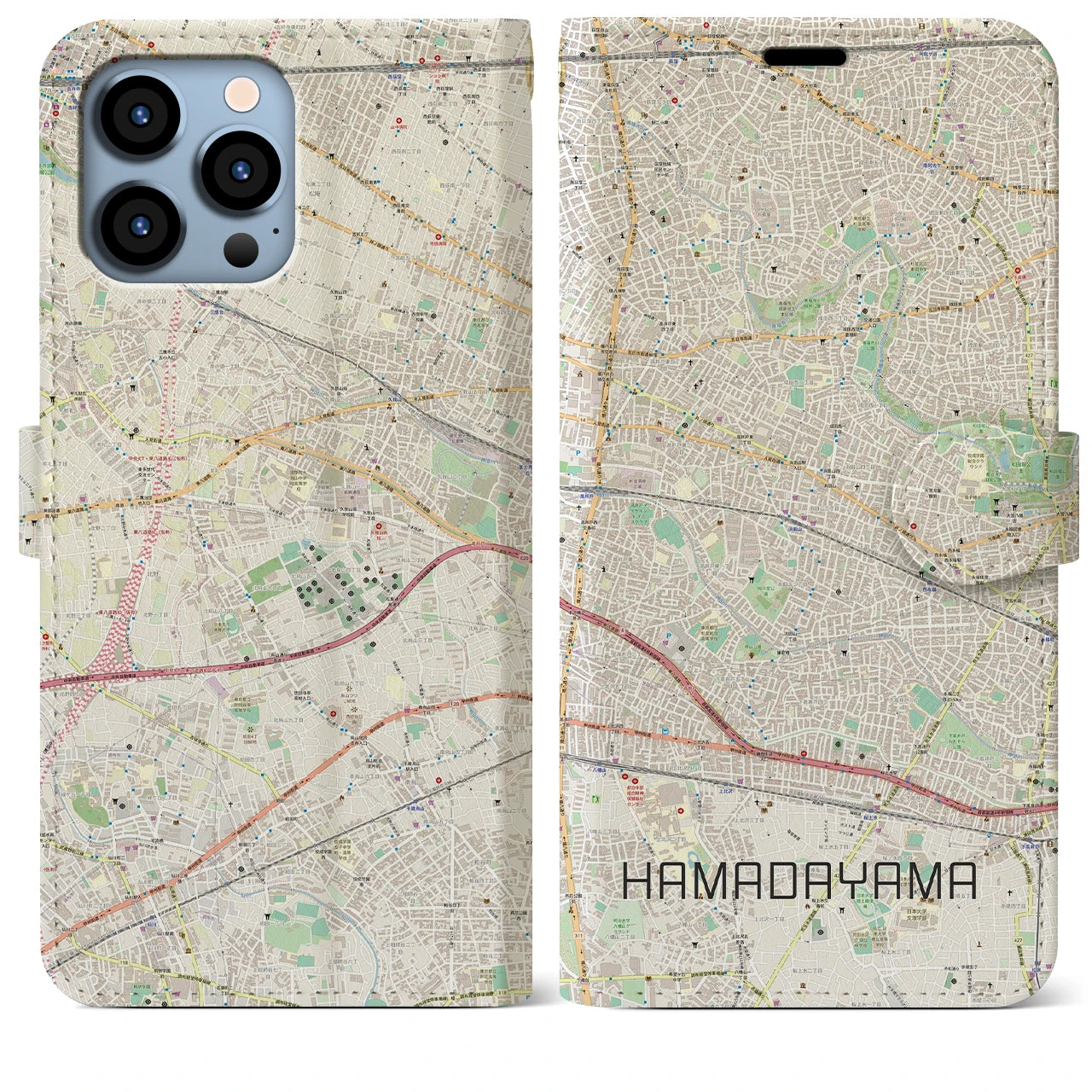 【浜田山】地図柄iPhoneケース（手帳両面タイプ・ナチュラル）iPhone 13 Pro Max 用
