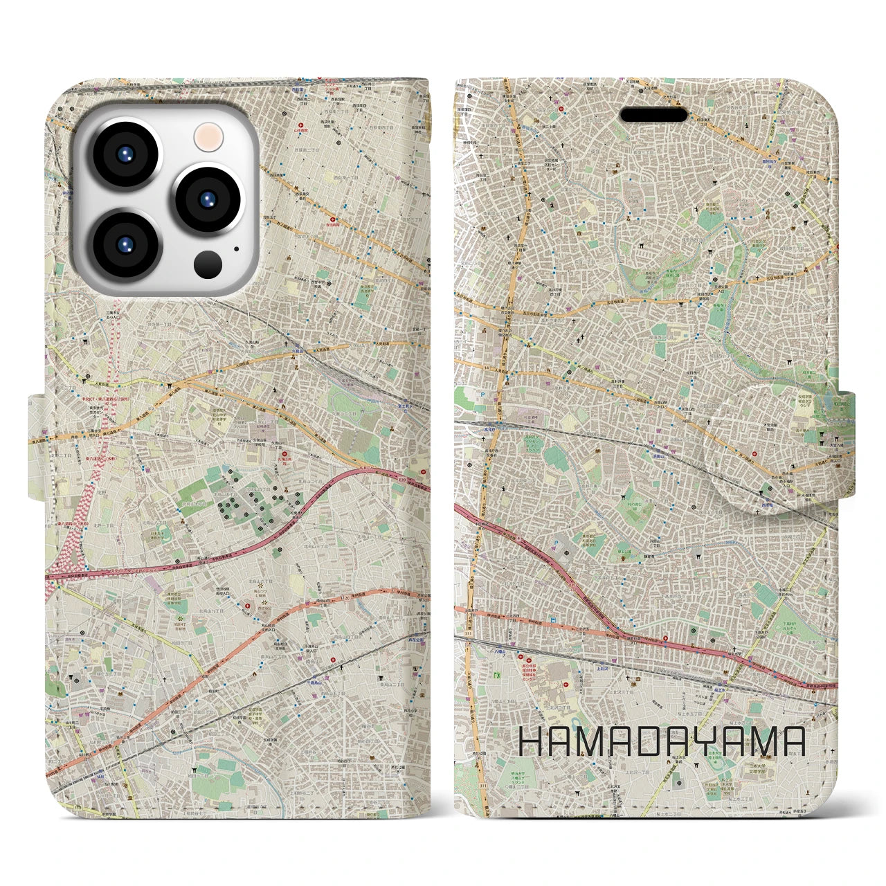 【浜田山】地図柄iPhoneケース（手帳両面タイプ・ナチュラル）iPhone 13 Pro 用