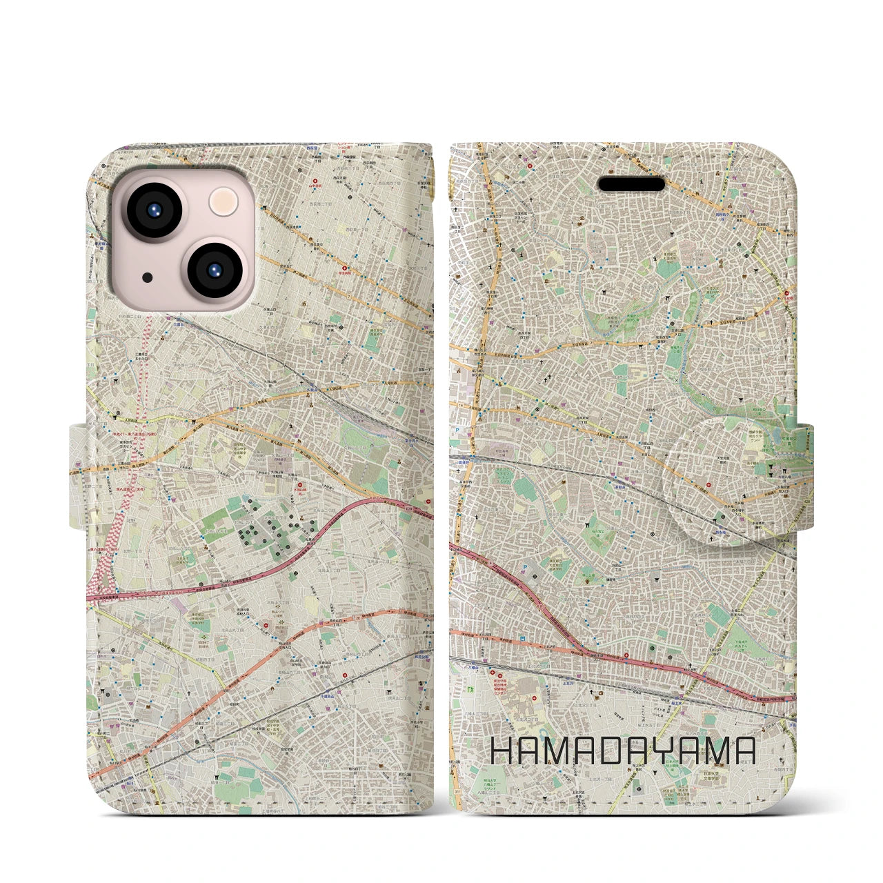 【浜田山】地図柄iPhoneケース（手帳両面タイプ・ナチュラル）iPhone 13 mini 用