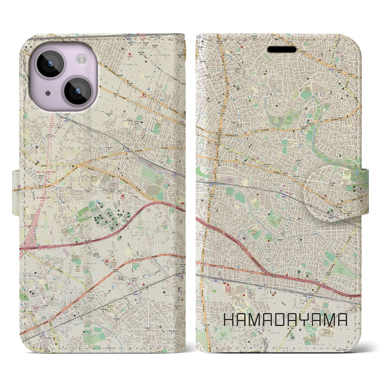【浜田山】地図柄iPhoneケース（手帳両面タイプ・ナチュラル）iPhone 14 用