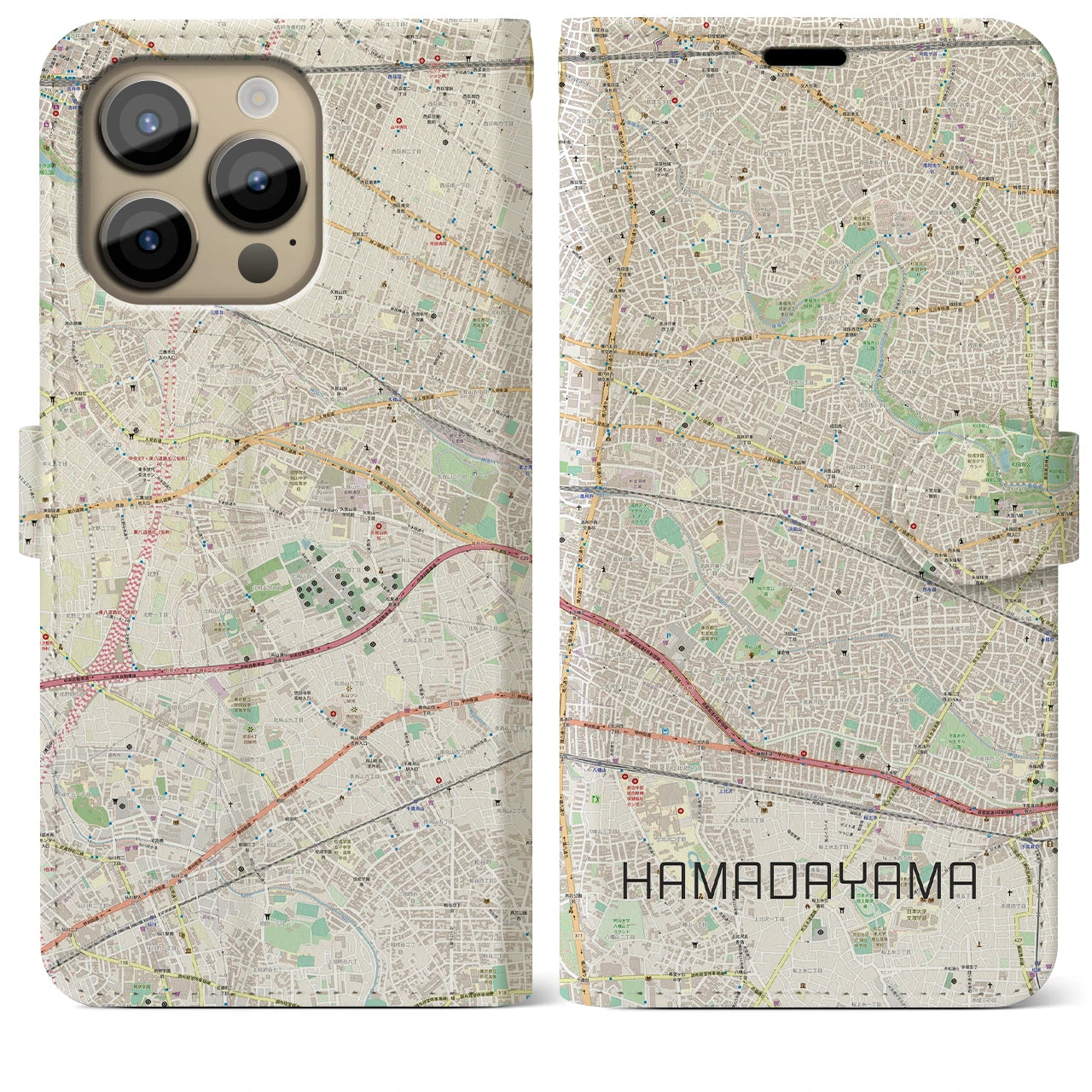 【浜田山】地図柄iPhoneケース（手帳両面タイプ・ナチュラル）iPhone 14 Pro Max 用
