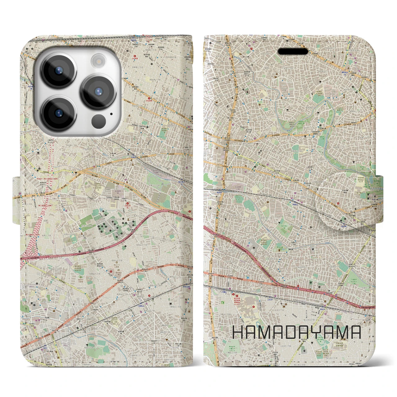 【浜田山】地図柄iPhoneケース（手帳両面タイプ・ナチュラル）iPhone 14 Pro 用