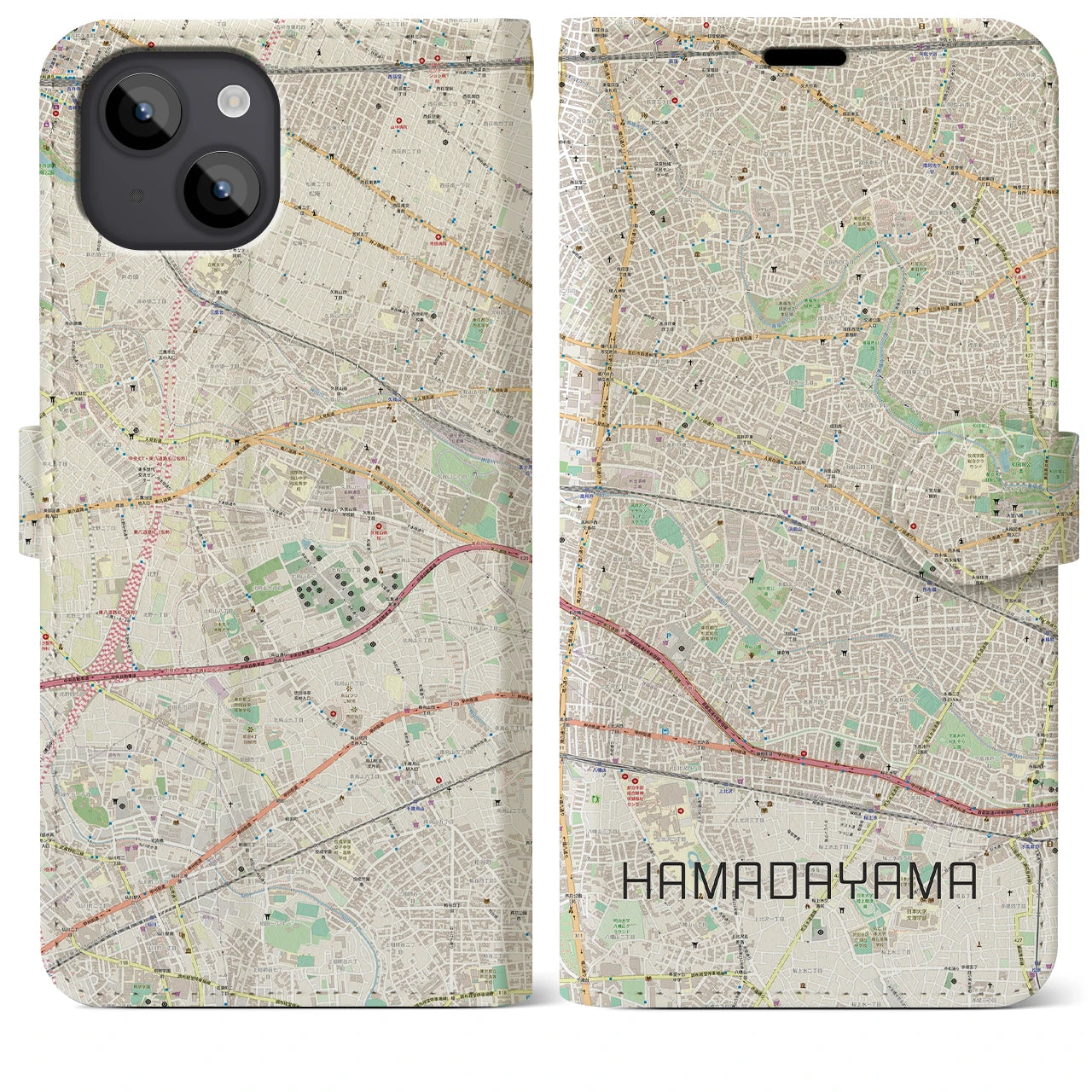 【浜田山】地図柄iPhoneケース（手帳両面タイプ・ナチュラル）iPhone 14 Plus 用