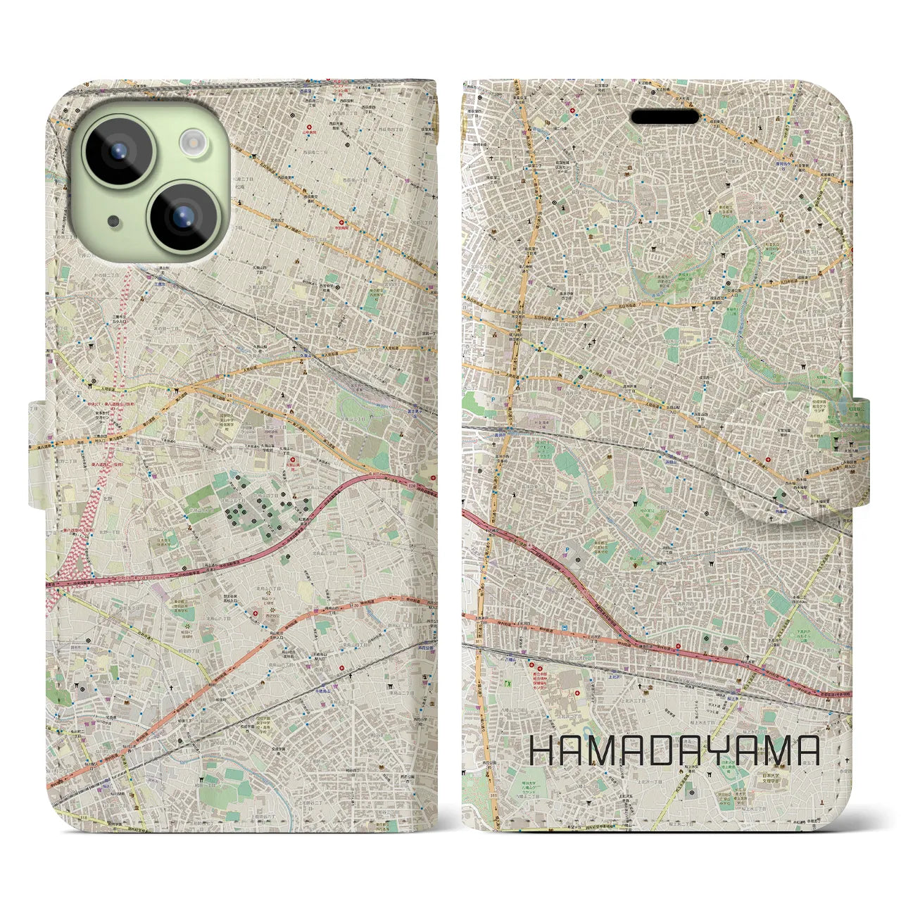 【浜田山】地図柄iPhoneケース（手帳両面タイプ・ナチュラル）iPhone 15 用