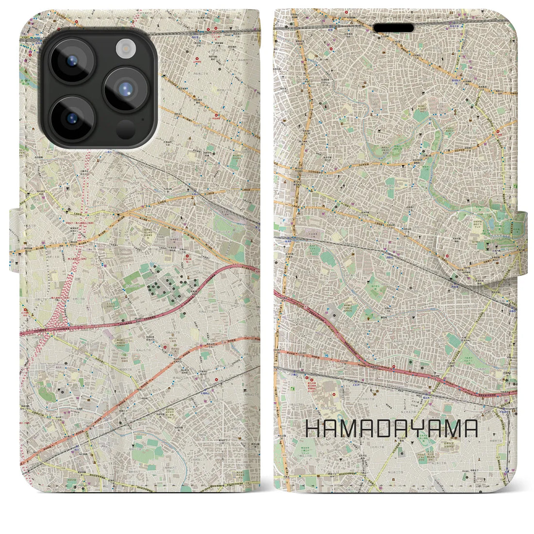 【浜田山】地図柄iPhoneケース（手帳両面タイプ・ナチュラル）iPhone 15 Pro Max 用