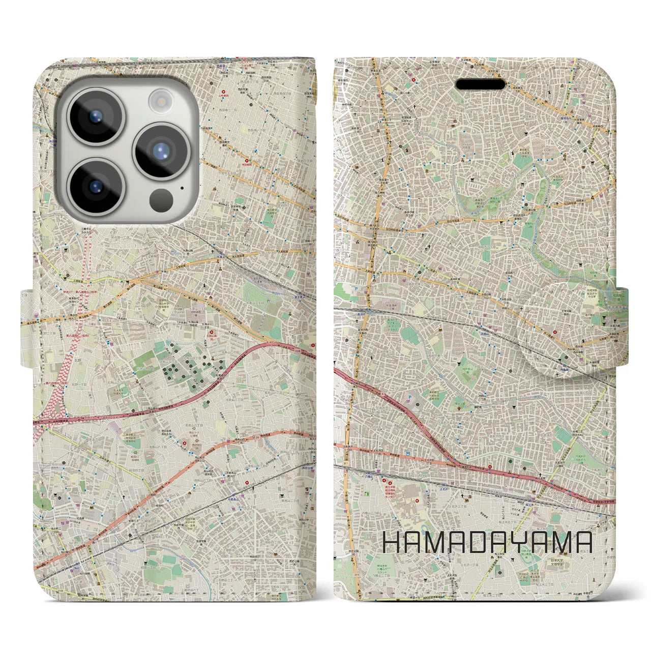 【浜田山】地図柄iPhoneケース（手帳両面タイプ・ナチュラル）iPhone 15 Pro 用