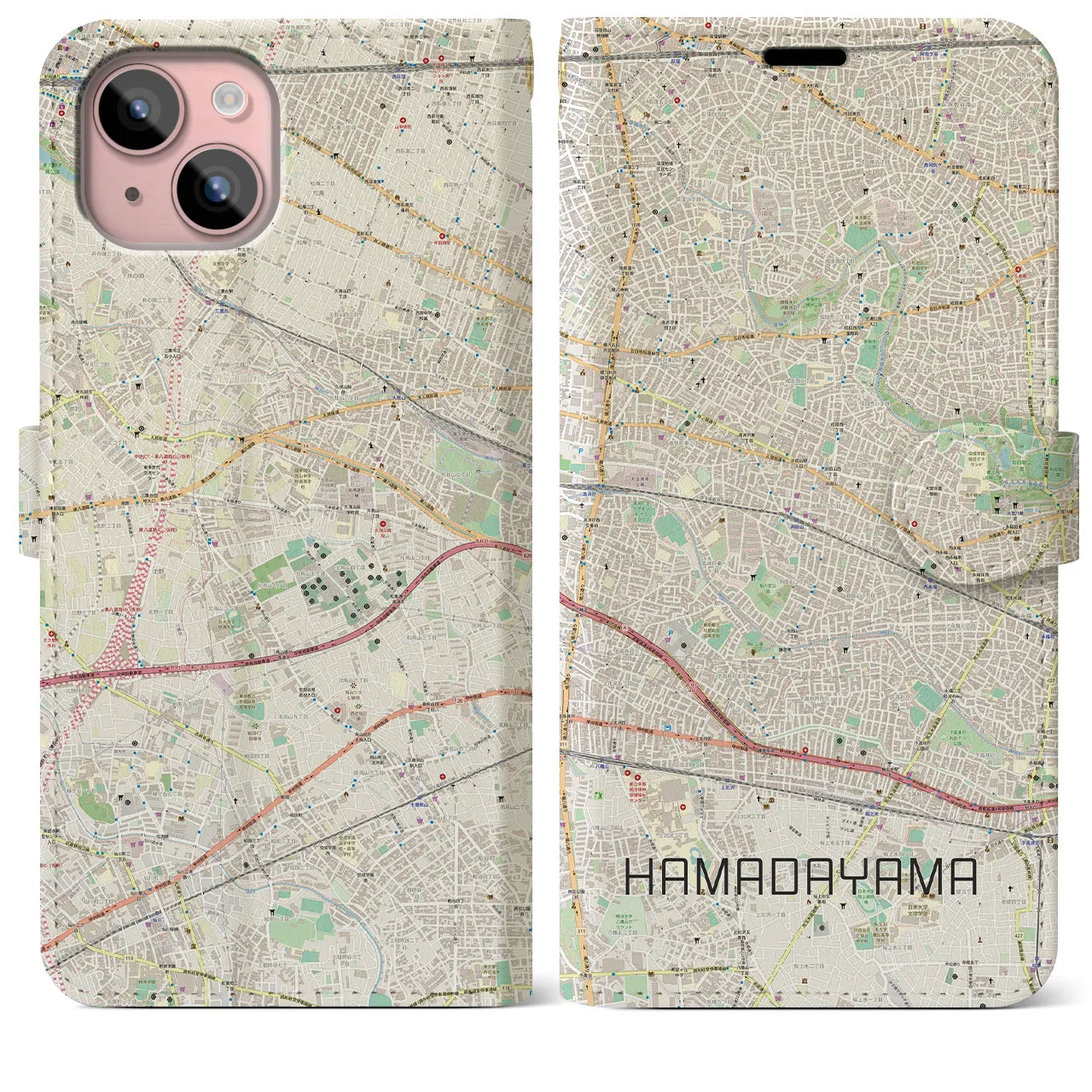 【浜田山】地図柄iPhoneケース（手帳両面タイプ・ナチュラル）iPhone 15 Plus 用