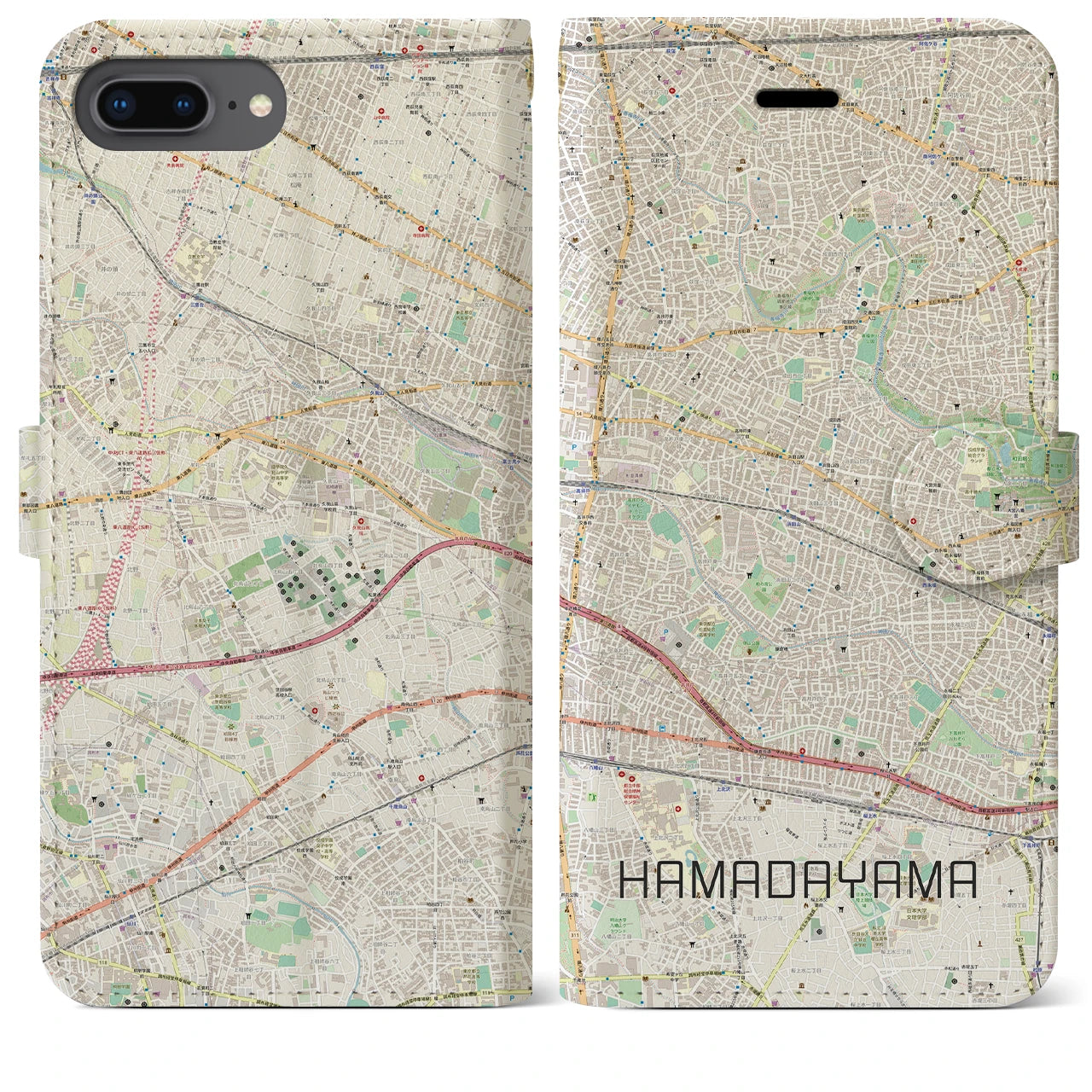 【浜田山】地図柄iPhoneケース（手帳両面タイプ・ナチュラル）iPhone 8Plus /7Plus / 6sPlus / 6Plus 用