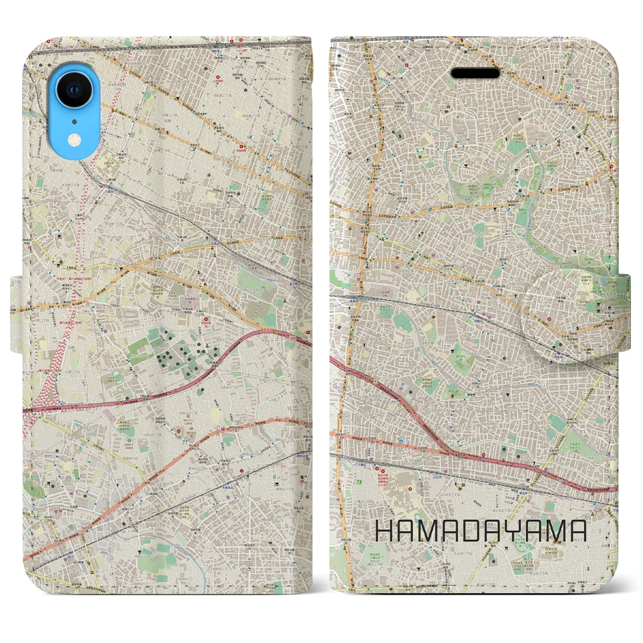 【浜田山】地図柄iPhoneケース（手帳両面タイプ・ナチュラル）iPhone XR 用