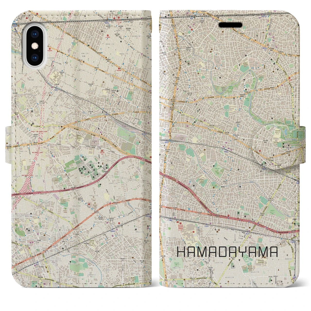 【浜田山】地図柄iPhoneケース（手帳両面タイプ・ナチュラル）iPhone XS Max 用