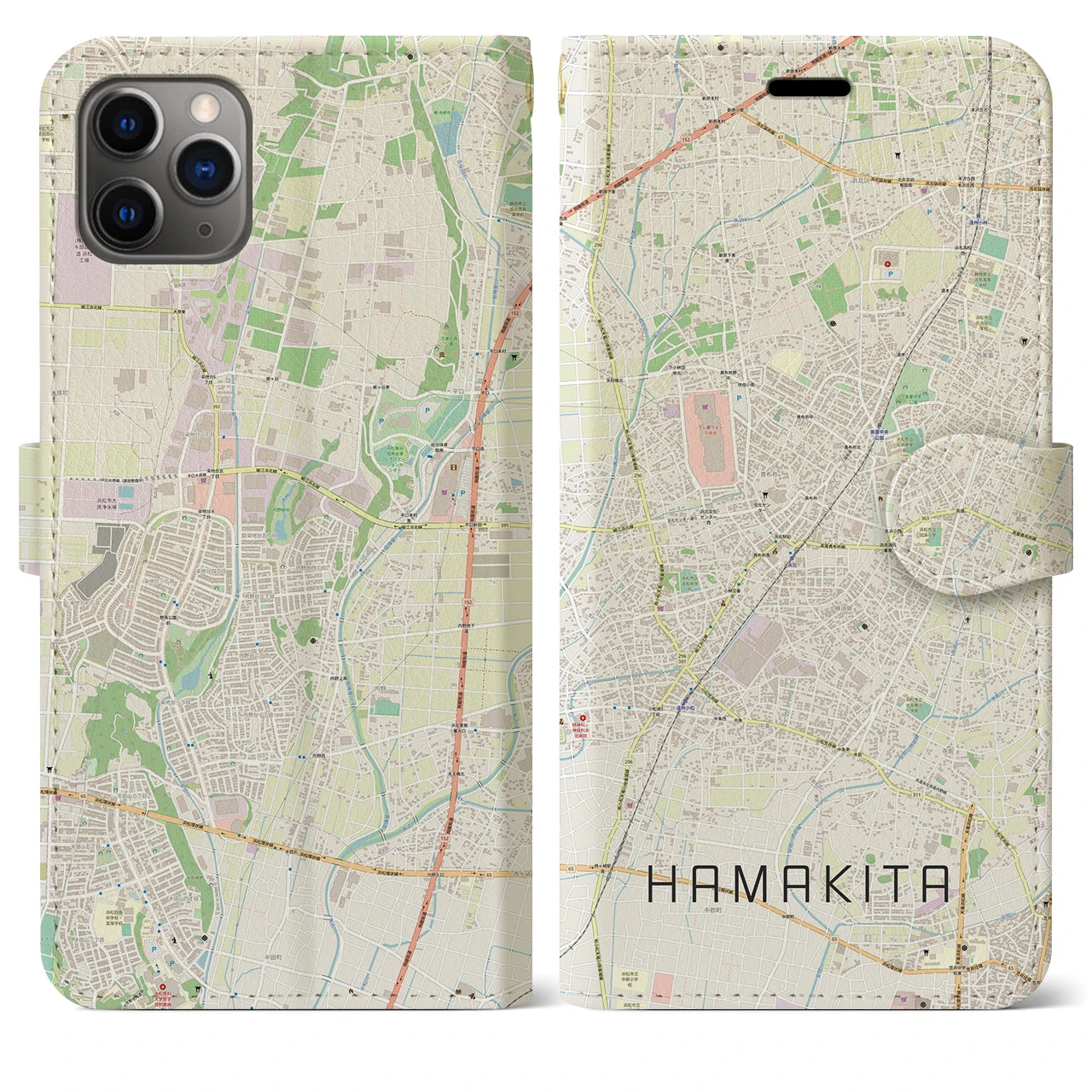 【浜北】地図柄iPhoneケース（手帳両面タイプ・ナチュラル）iPhone 11 Pro Max 用