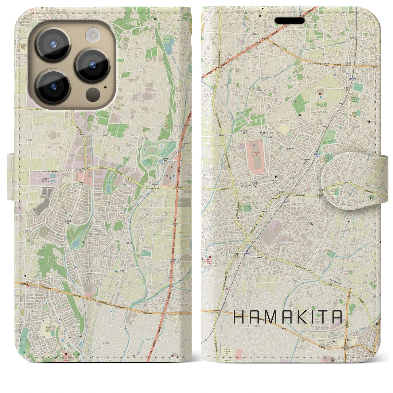 【浜北】地図柄iPhoneケース（手帳両面タイプ・ナチュラル）iPhone 14 Pro Max 用