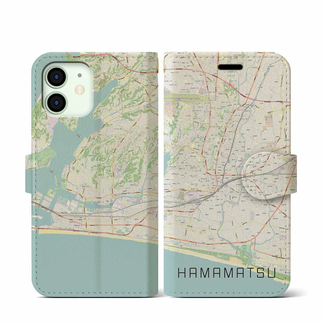 【浜松】地図柄iPhoneケース（手帳両面タイプ・ナチュラル）iPhone 12 mini 用