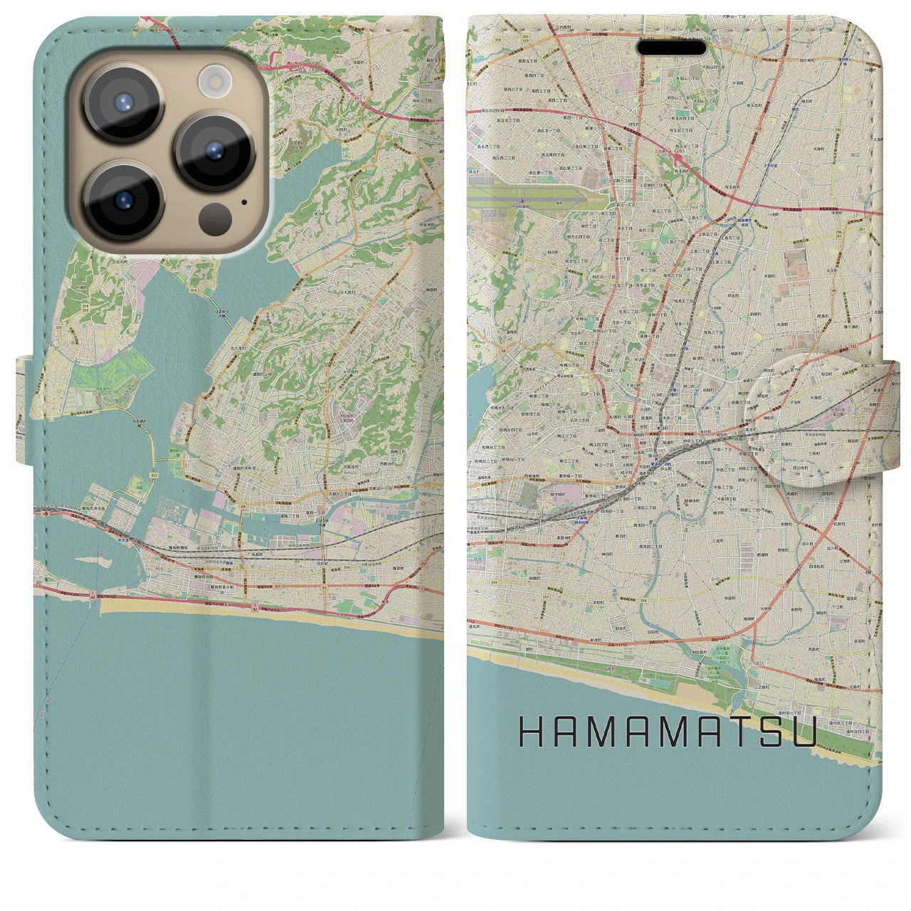 【浜松】地図柄iPhoneケース（手帳両面タイプ・ナチュラル）iPhone 14 Pro Max 用