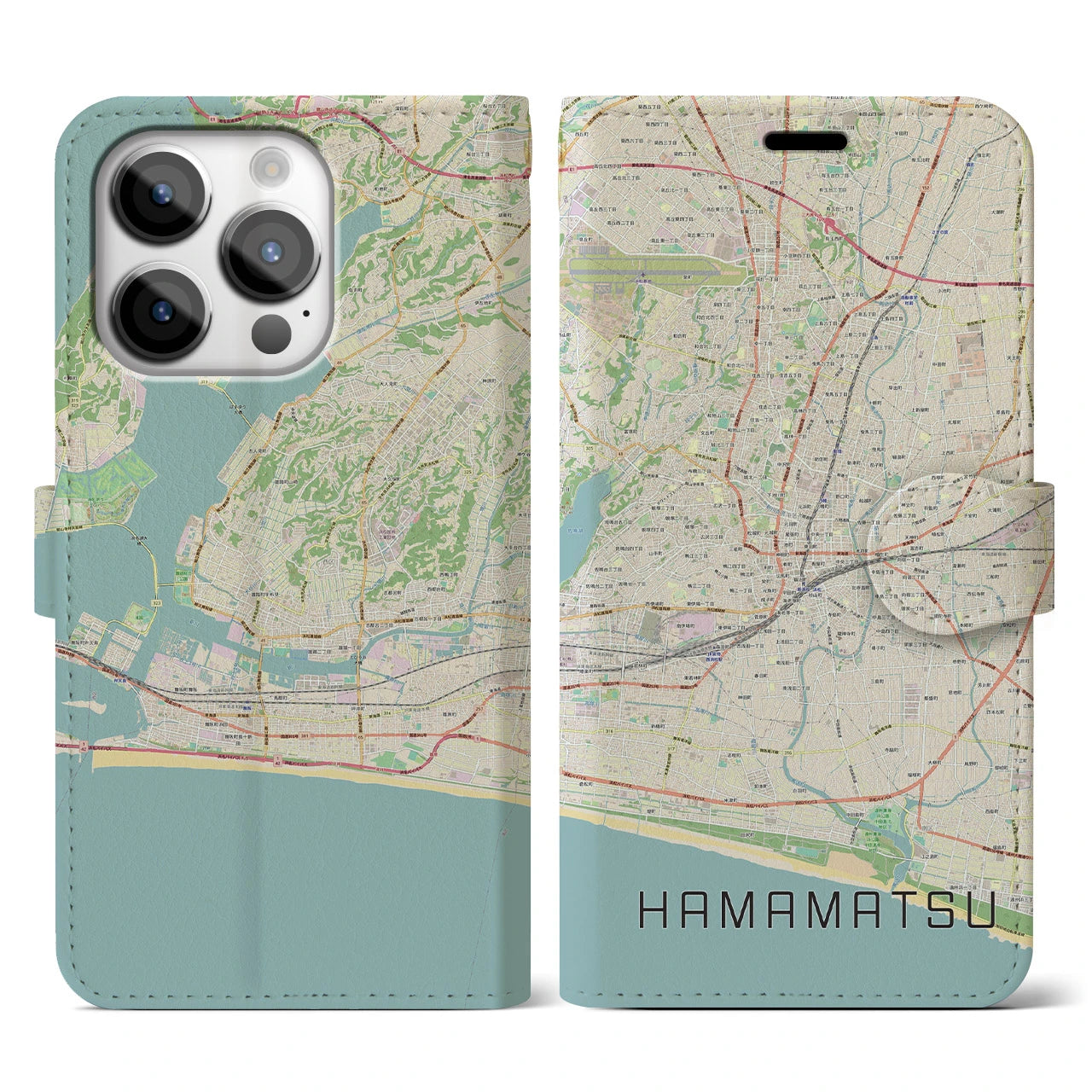 【浜松】地図柄iPhoneケース（手帳両面タイプ・ナチュラル）iPhone 14 Pro 用