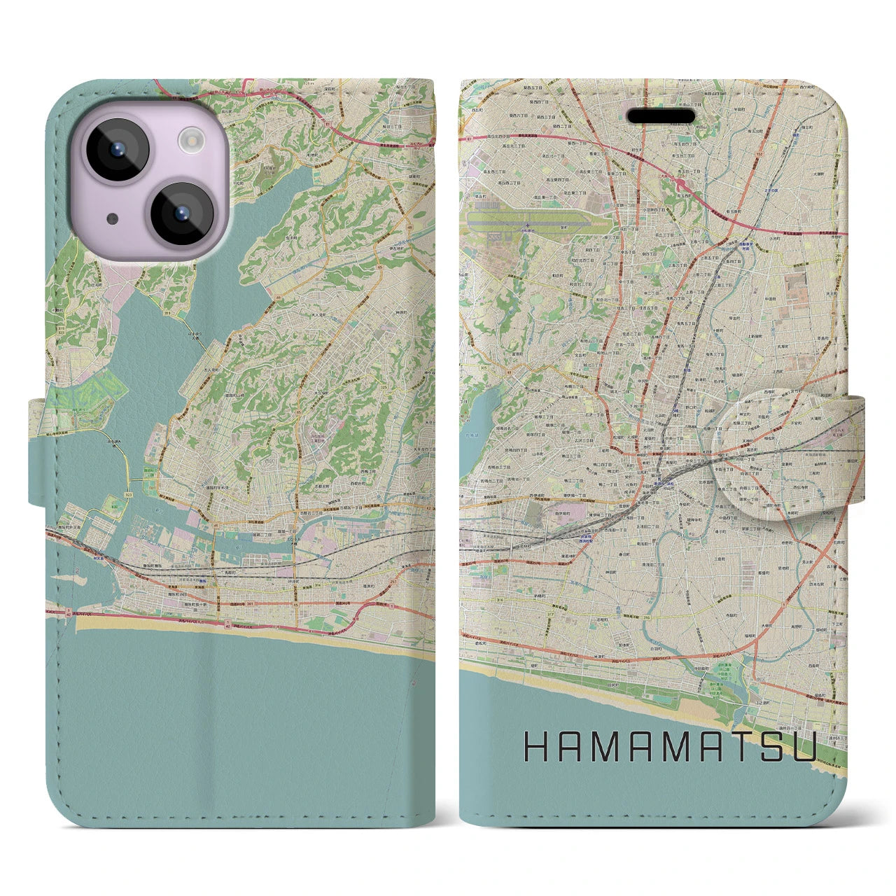 【浜松】地図柄iPhoneケース（手帳両面タイプ・ナチュラル）iPhone 14 用