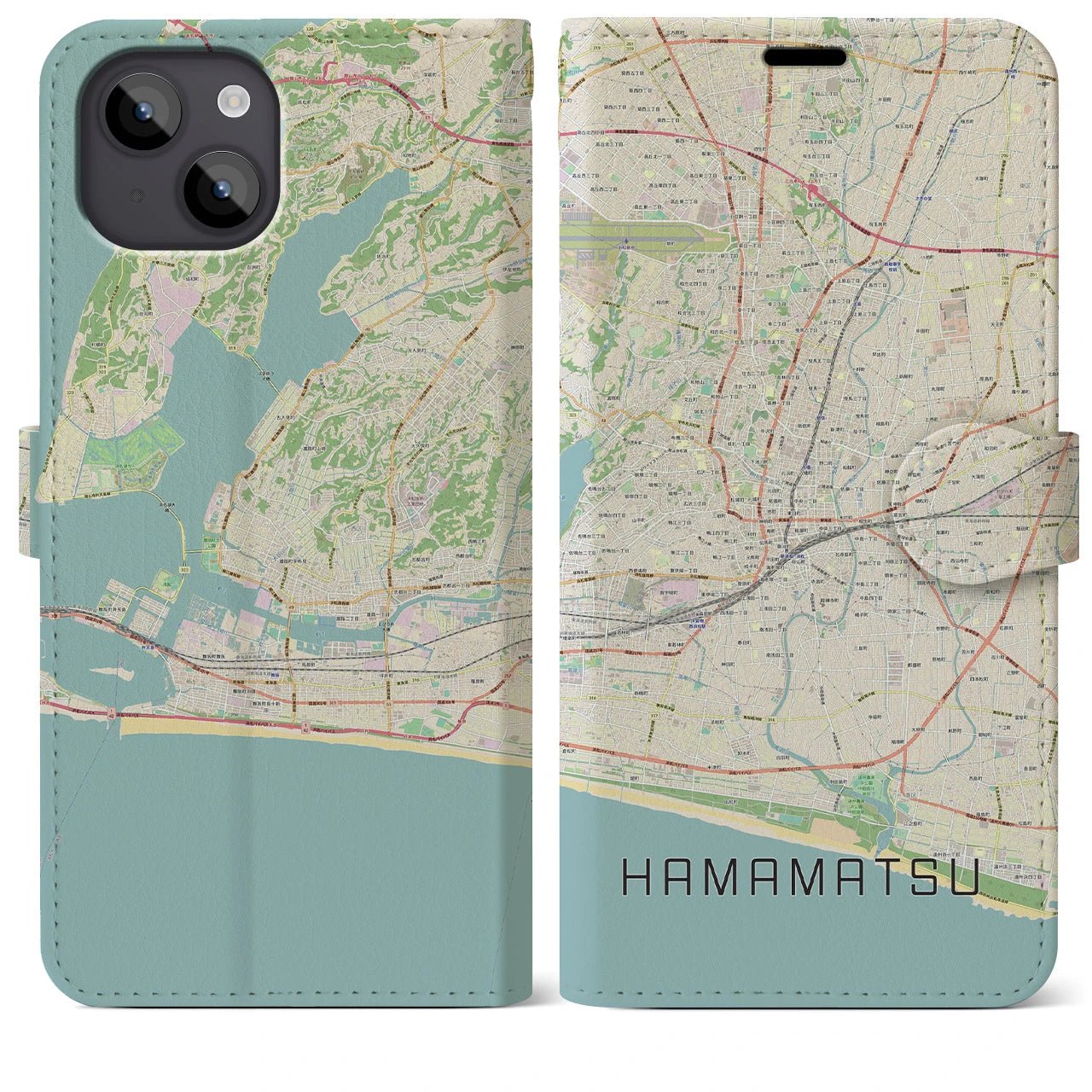 【浜松】地図柄iPhoneケース（手帳両面タイプ・ナチュラル）iPhone 14 Plus 用
