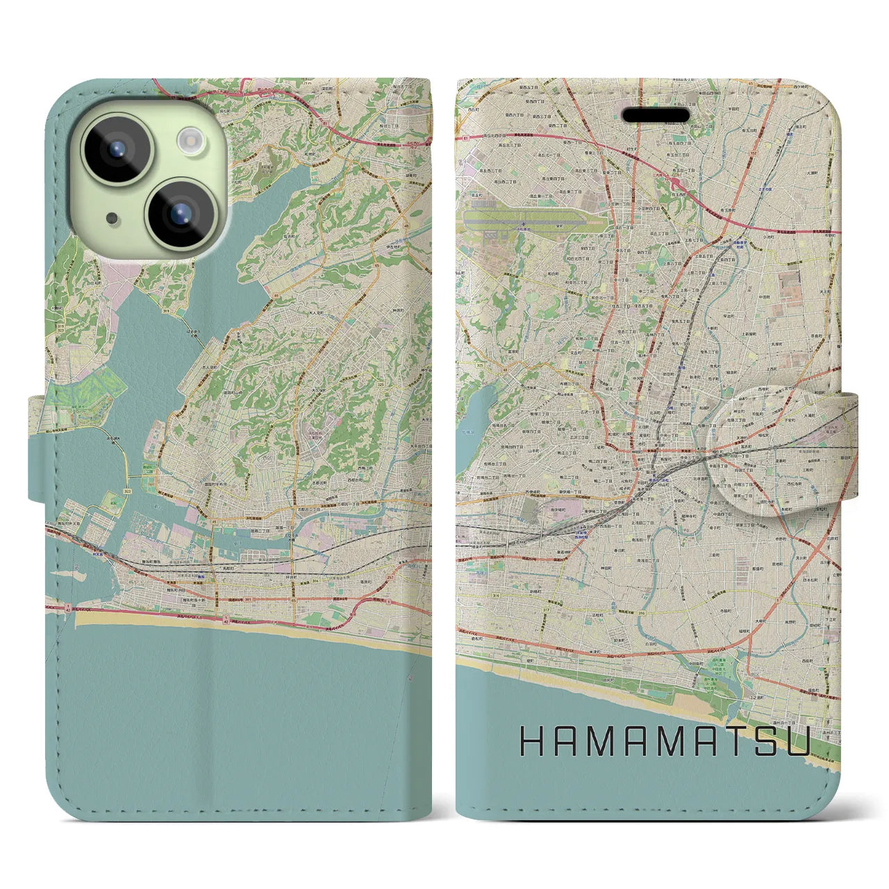 【浜松】地図柄iPhoneケース（手帳両面タイプ・ナチュラル）iPhone 15 用