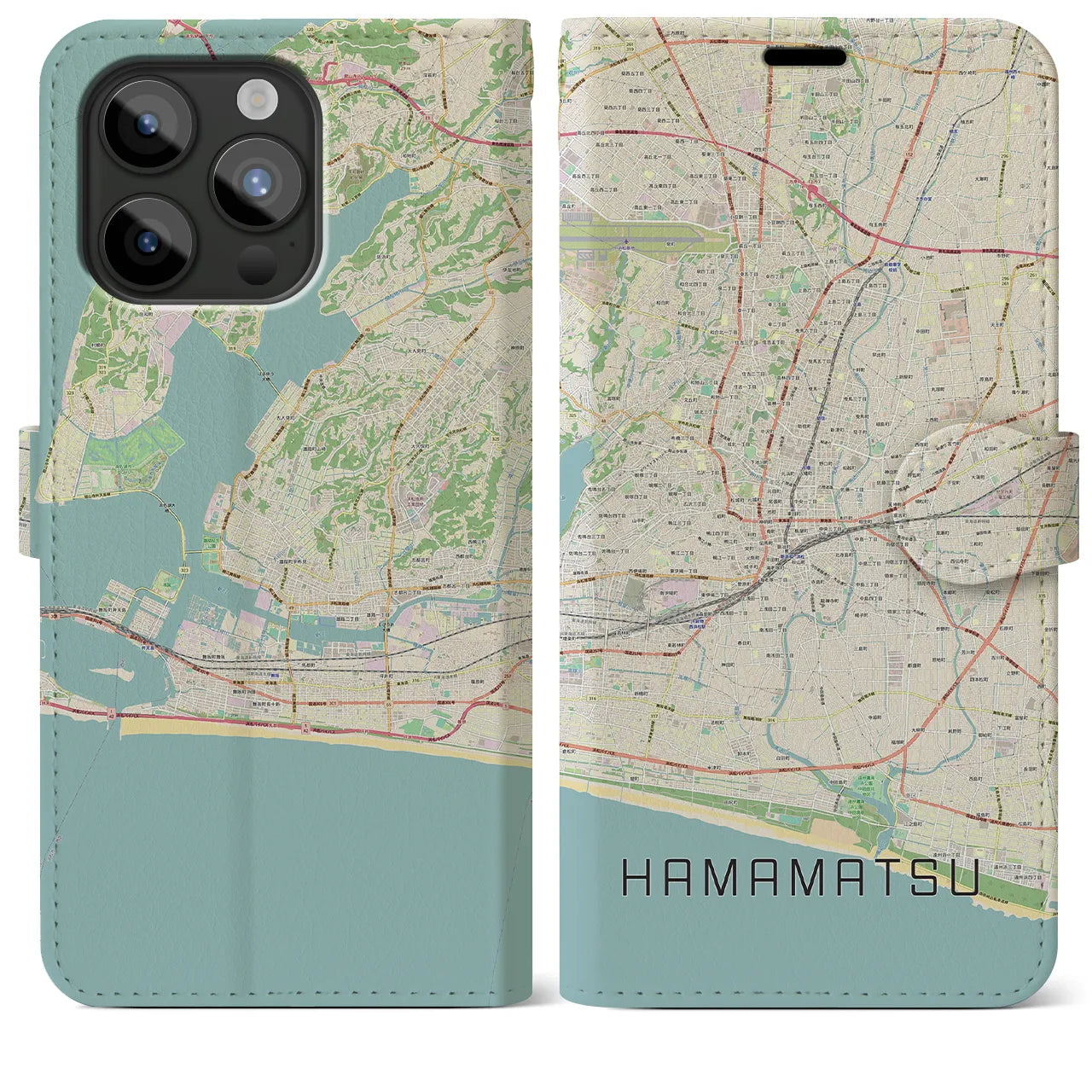 【浜松】地図柄iPhoneケース（手帳両面タイプ・ナチュラル）iPhone 15 Pro Max 用