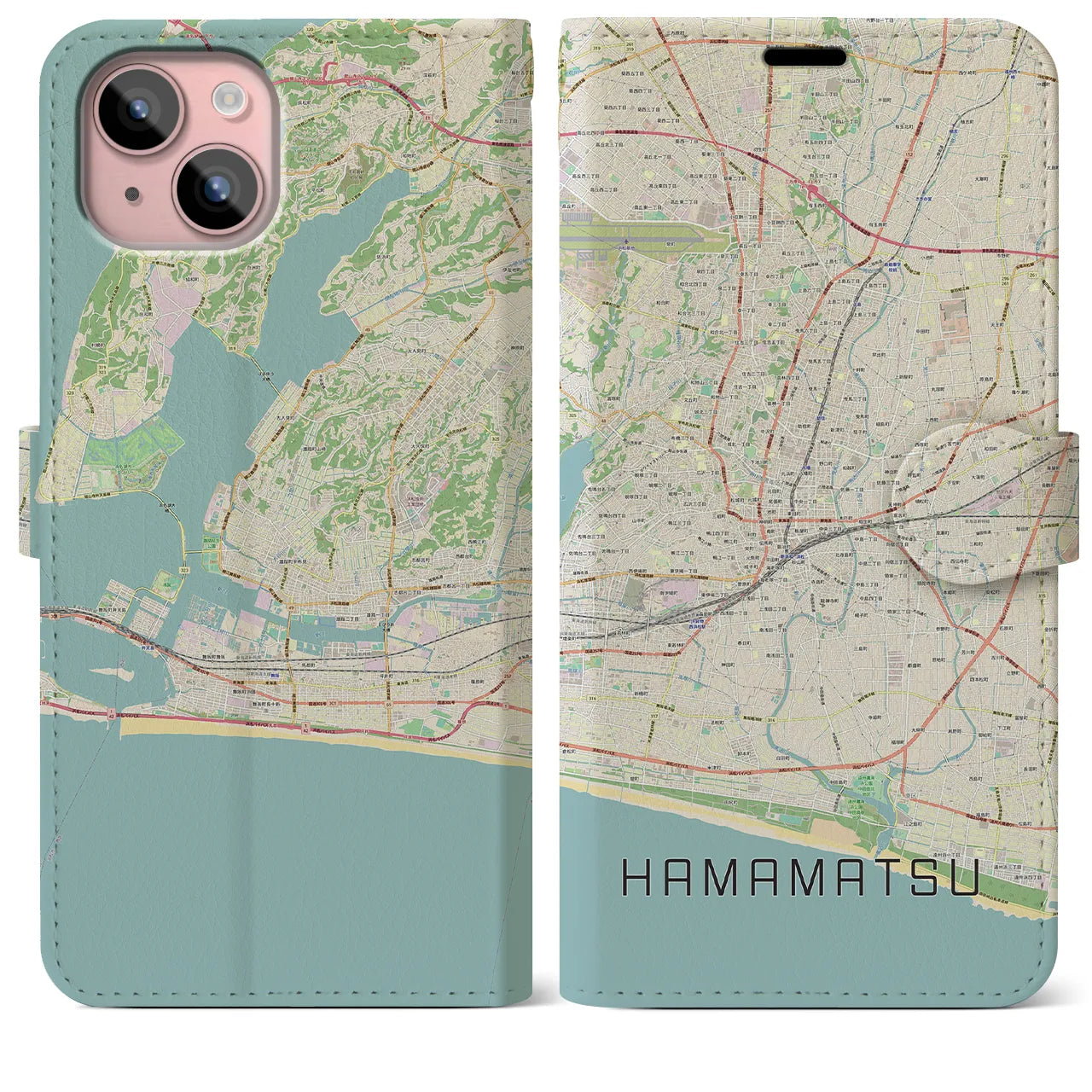 【浜松】地図柄iPhoneケース（手帳両面タイプ・ナチュラル）iPhone 15 Plus 用