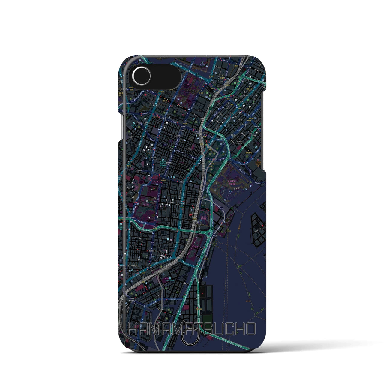 【浜松町】地図柄iPhoneケース（バックカバータイプ・ブラック）iPhone SE（第3 / 第2世代） / 8 / 7 / 6s / 6 用