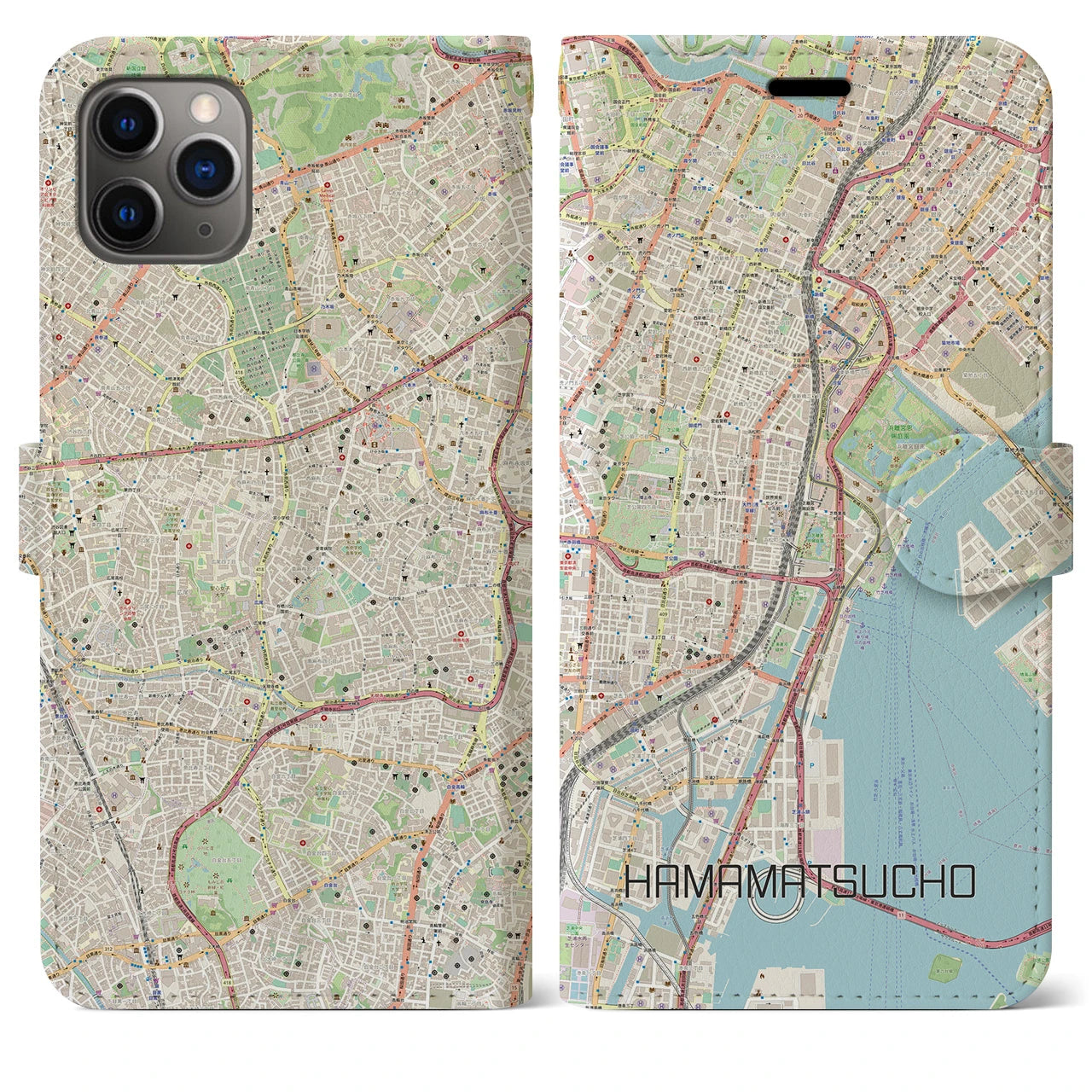【浜松町】地図柄iPhoneケース（手帳両面タイプ・ナチュラル）iPhone 11 Pro Max 用