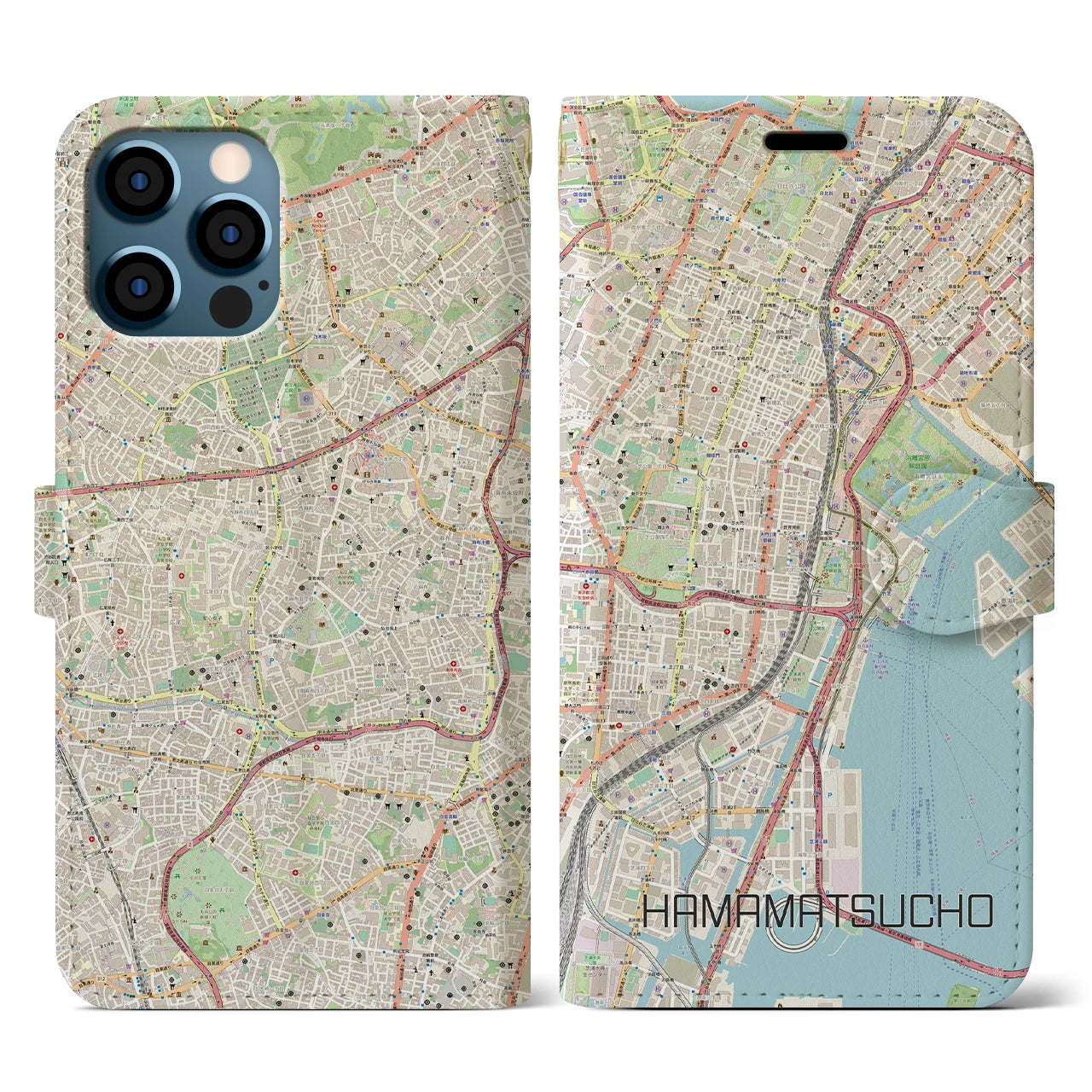 【浜松町】地図柄iPhoneケース（手帳両面タイプ・ナチュラル）iPhone 12 / 12 Pro 用