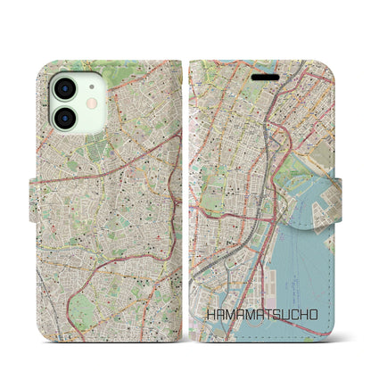 【浜松町（東京都）】地図柄iPhoneケース（手帳タイプ）ナチュラル・iPhone 12 mini 用