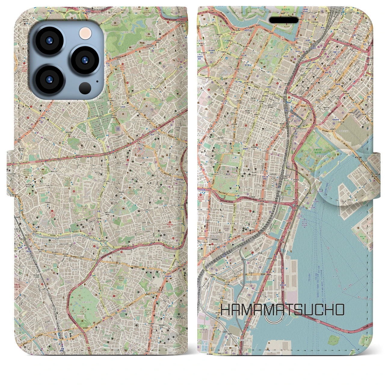 【浜松町】地図柄iPhoneケース（手帳両面タイプ・ナチュラル）iPhone 13 Pro Max 用