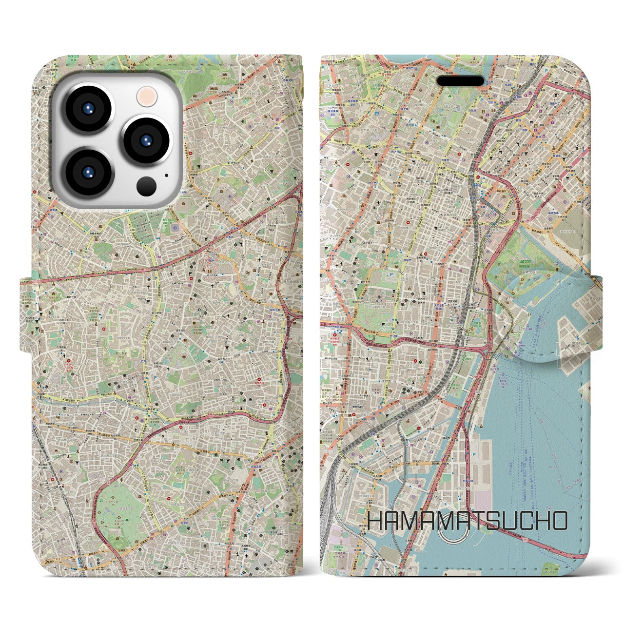 【浜松町】地図柄iPhoneケース（手帳両面タイプ・ナチュラル）iPhone 13 Pro 用