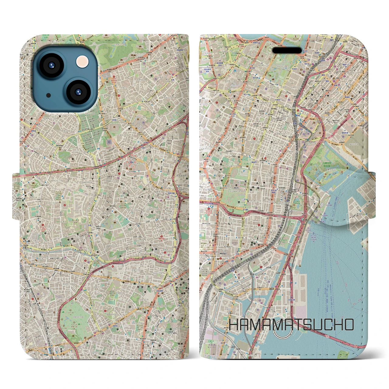 【浜松町】地図柄iPhoneケース（手帳両面タイプ・ナチュラル）iPhone 13 用