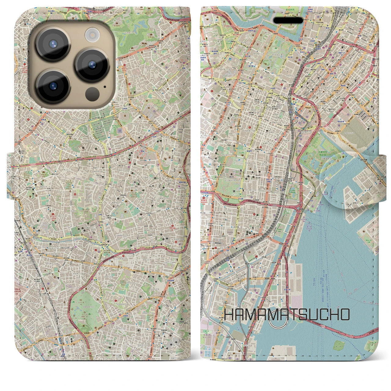 【浜松町】地図柄iPhoneケース（手帳両面タイプ・ナチュラル）iPhone 14 Pro Max 用